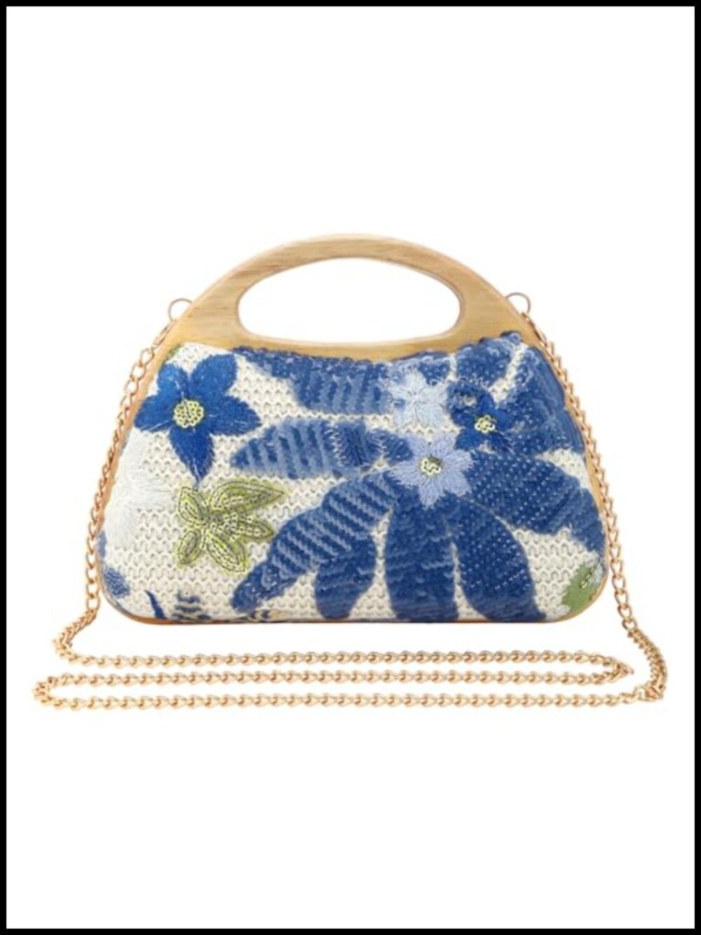 Women's Straw Clutch Handbag, Wooden Top Handle Sequin Embroidery Purse,